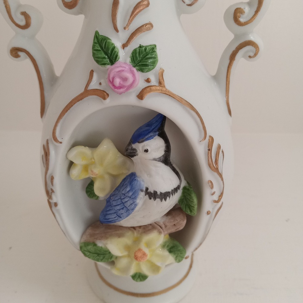 JSNY Bisque Vase Bluebird in Flowers Raised Design Urn Shape Vase